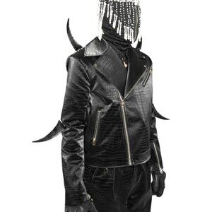 Men's Crocodile Pattern Vegan Leather Jacket with Magnetic Horns -NWT size S
